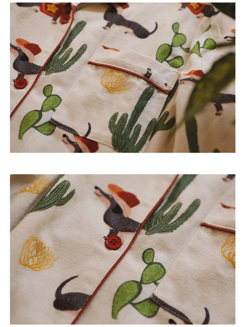 Dachshund & Cactus Premium Cotton Pajama Set for Women