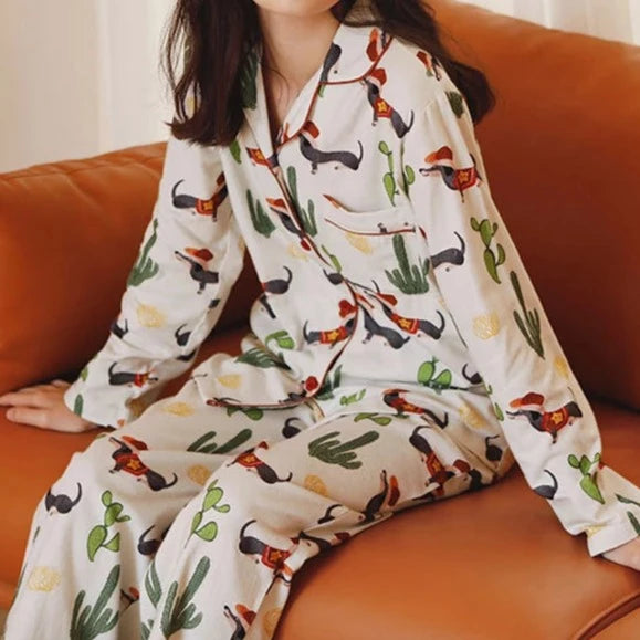 Dachshund & Cactus Premium Cotton Pajama Set for Women