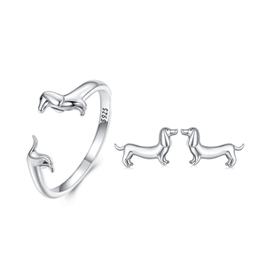 Elegant Dachshund Sterling Silver Ring & Earring