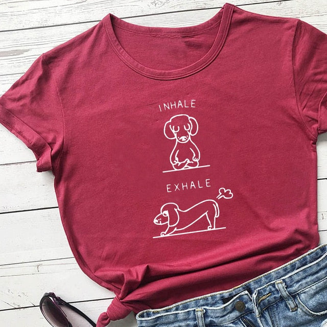 Funny Yoga Doxie T Shirts for Women 100% Cotton
