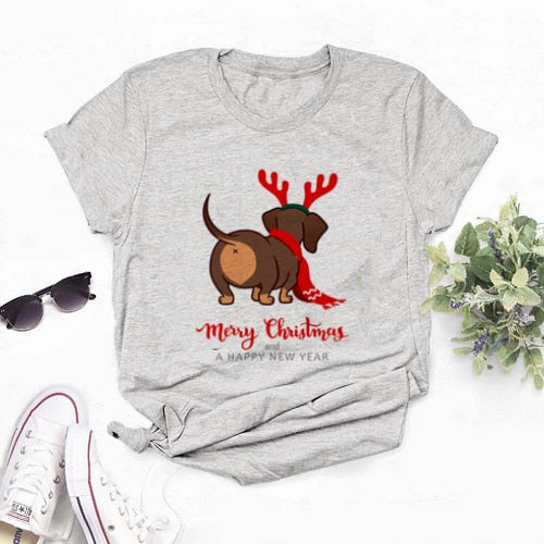 Cute Christmas Dachshund Print T-Shirt for Women